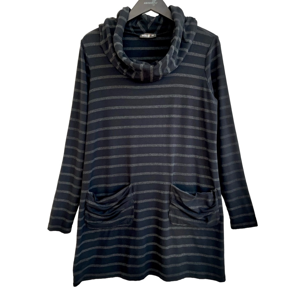 Miik Black And Grey Striped Cowl Neck Tunic Top With Pockets